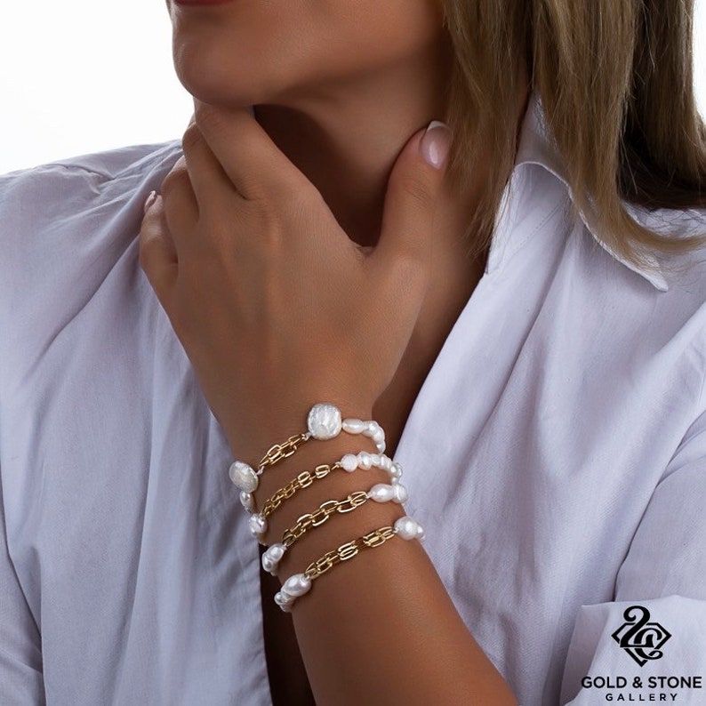 Chain and Pearl Bracelet (Double Chain) | Adjustable Bracelet | Stacking Bracelet | Valentine Gift | Pearl Jewellery | 18k Gold Bracelet